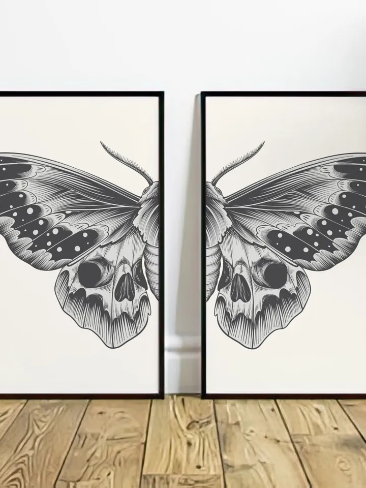 Black Sketch Butterfly Printable Wall Art Set of 2, Butterfly Print Digital Download, Split Butterfly Wings Art Print, Bedroom Wall Art