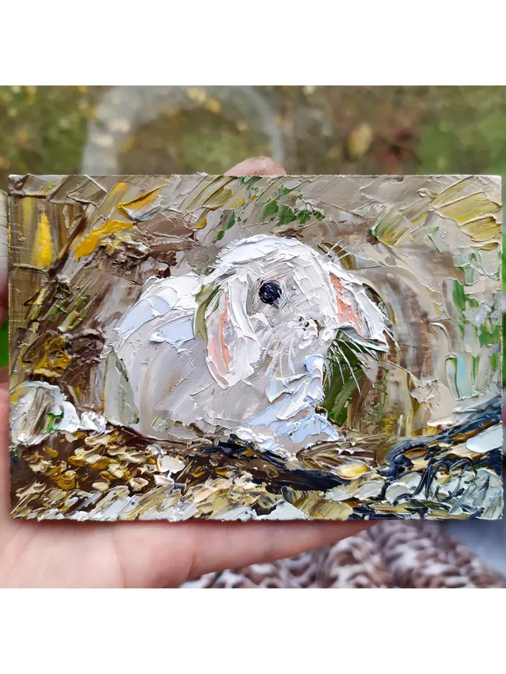 Rabbit Painting Bunny original art 3.5 by 5 in white rabbit wall art impasto artwork oil painting by Natalia Plotnikova