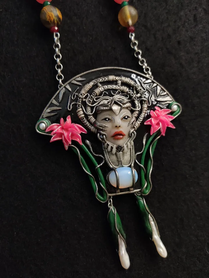 Japanese pendant,necklace with lotus,jewelry necklace, Polymer clay necklace