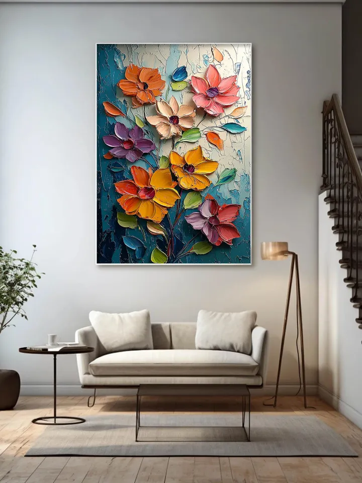 Large Impasto Floral Painting, Textured 3D Flower Artwork, Colorful Original Art, Wall Art Decor, Modern Abstract Flowers,Home Office Decor