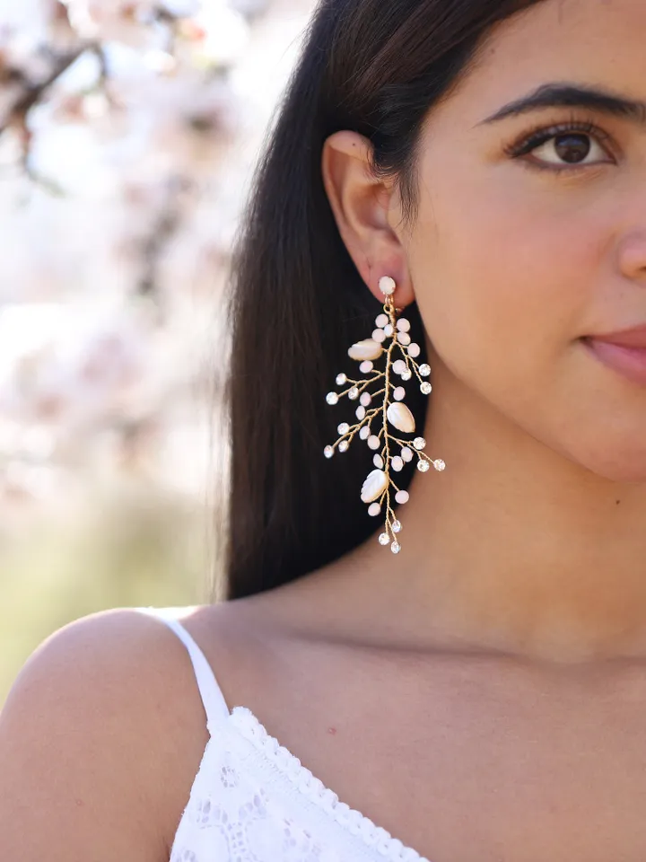 Opal Boho Wedding Earrings, Swarovski Crystal Long Bridal Earrings, Boho Bridal Earrings, Chandelier Statement Leaf Wedding Earrings Jewelry