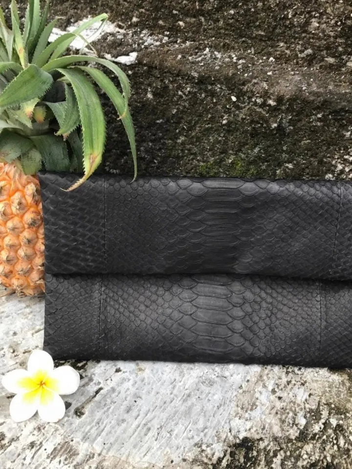 Black leather envelope clutch | Foldover Genuine Python Skin Woman Clutch | Elegant Classy Clutch bag | Snakeskin small bag