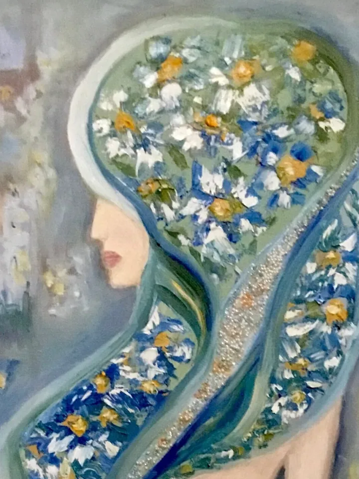Purity - original oil painting on large canvas,rhinestones decorated, woman in daisies,impasto oil painting,home decoration,woman in daisies