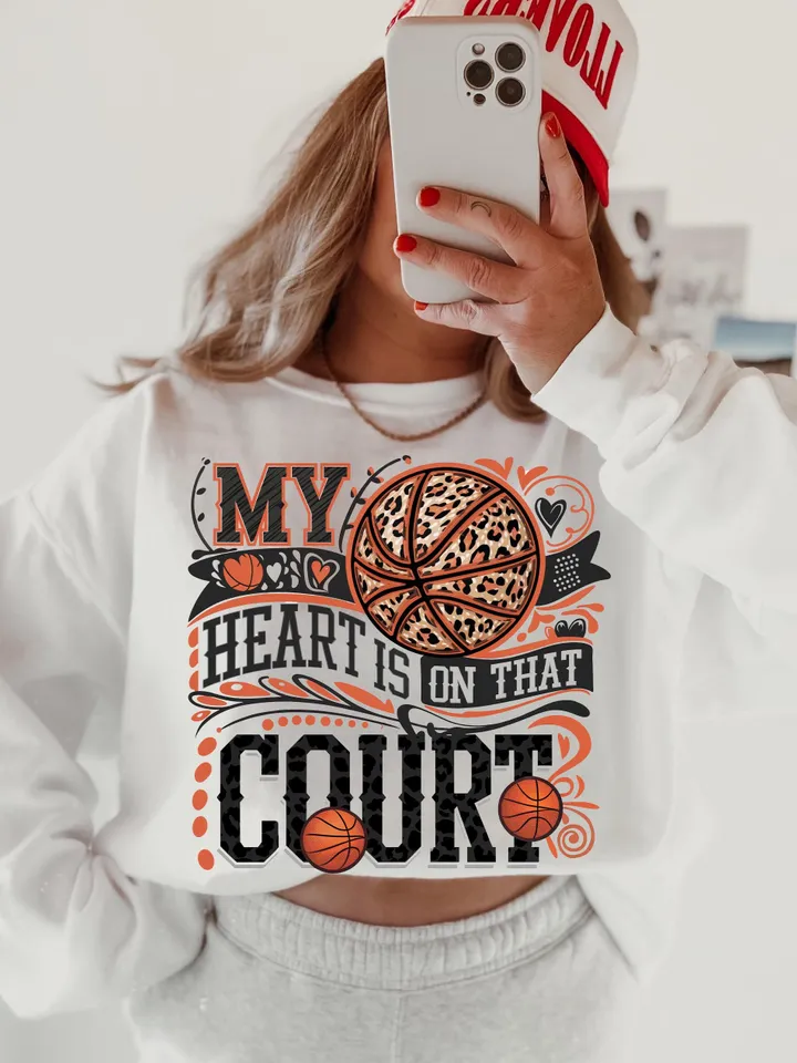 My heart is on that Court Basketball PNG Game Day Tshirt Design Leopard Heart Basketball Mom Mama Sublimation Design Digital Download File