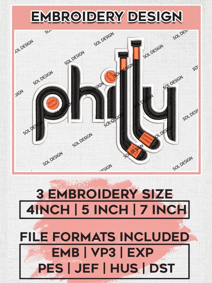 NHL Philadelphia Writing Logo Embroidery Files, NHL Philadelphia Flyers Team Embroidery Designs,  NHL Embroidery Designs, NHL Machine Embroidery Designs, Digital Download