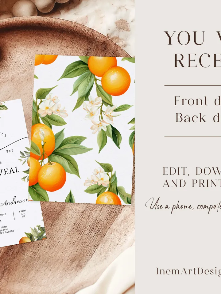 Editable Orange Gender Reveal Party Invitation A Little Cutie is on the Way Citrus Gender Reveal Invites Template Instant Download - I104