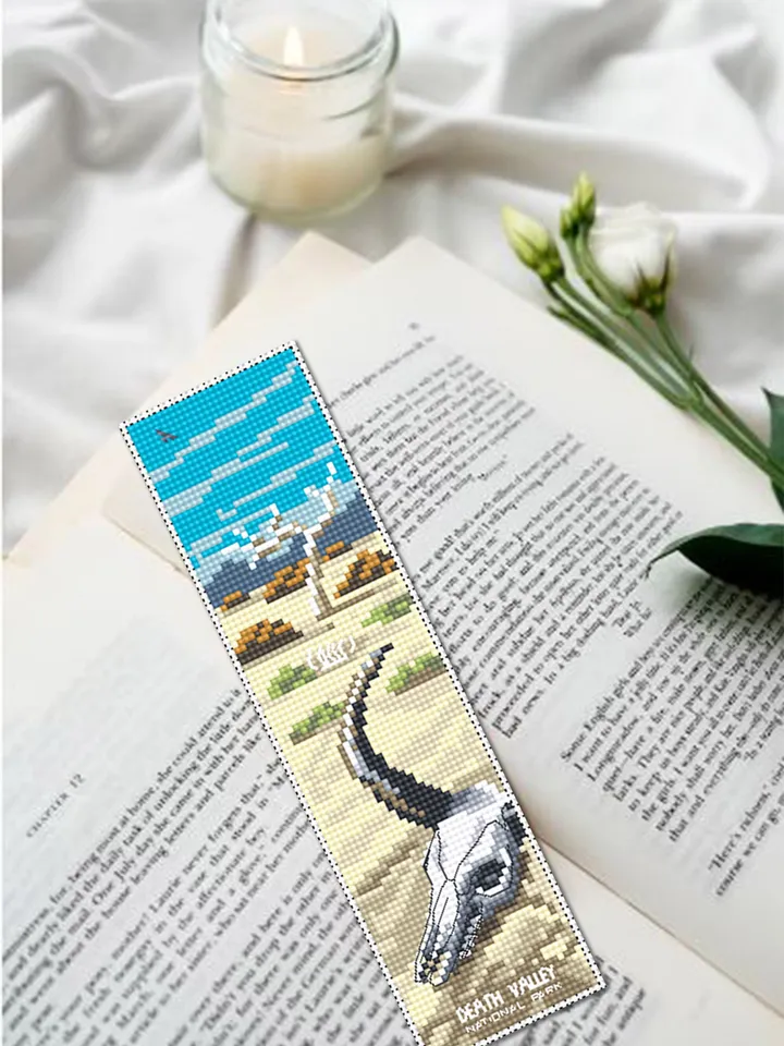 Death Valley National park bookmark cross stitch pattern PDF download Nature cross stitch chart, Desert landscape, Cow skull bookmark #B192