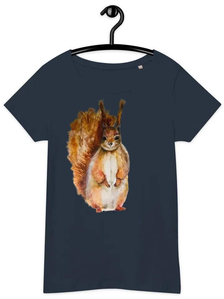 Squirrel t shirt,Women’s basic organic squirrel t-shirt,made with my original watercolour painting,unique handmade wearable gift for her