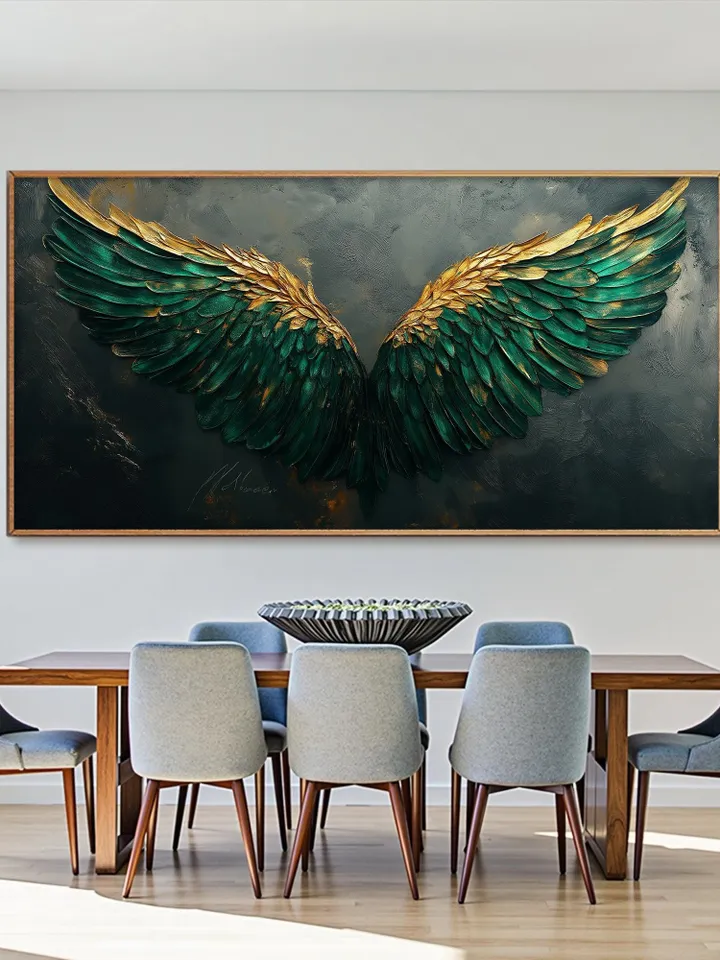 Large Emerald Green & Gold Angel Wings Impasto Painting, Textured 3D Wall Art, Original Abstract Art, Unique Home Decor, Office Wall Decor