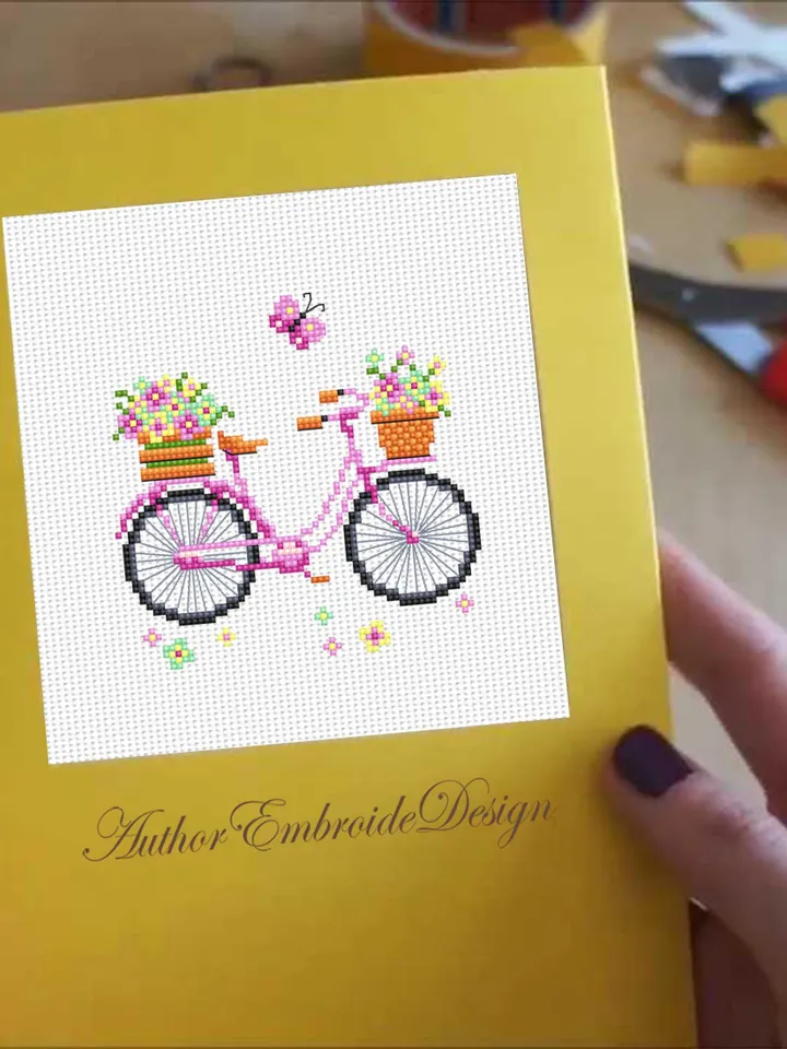 Set Bicycle with flowers cross stitch pattern PDF download Vintage bicycle cross stitch chart Flower basket bike, Bicycle with balloons #O17