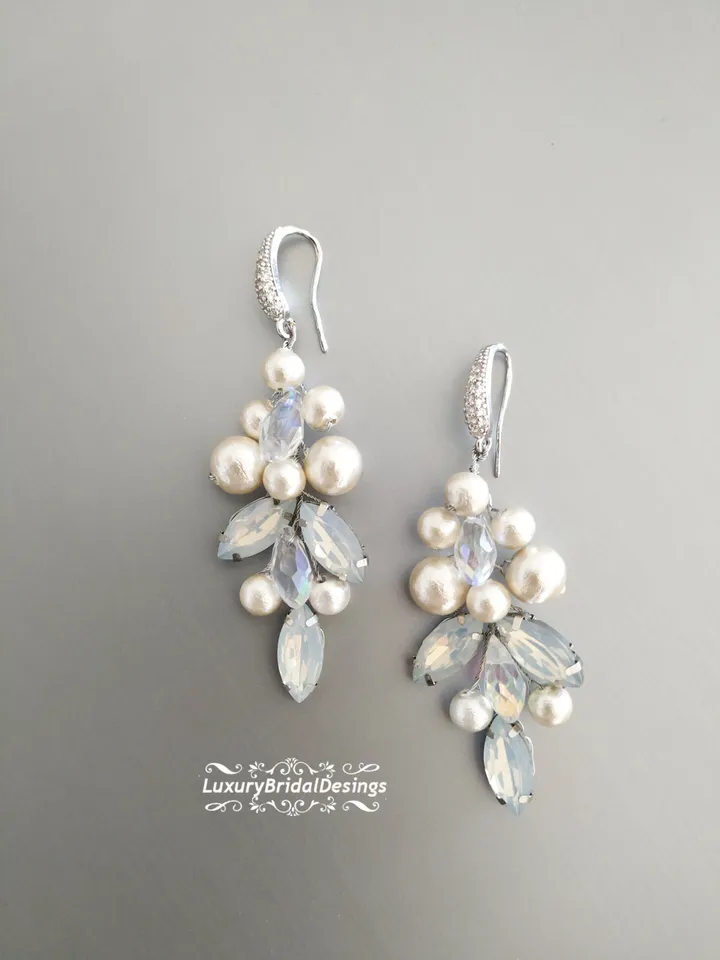 Opal Bridal earrings Cotton Pearl Wedding Earrings Gold Wedding Earrings Swarovski Crystal Chandelier Bridal Earrings Boho Wedding Earrings