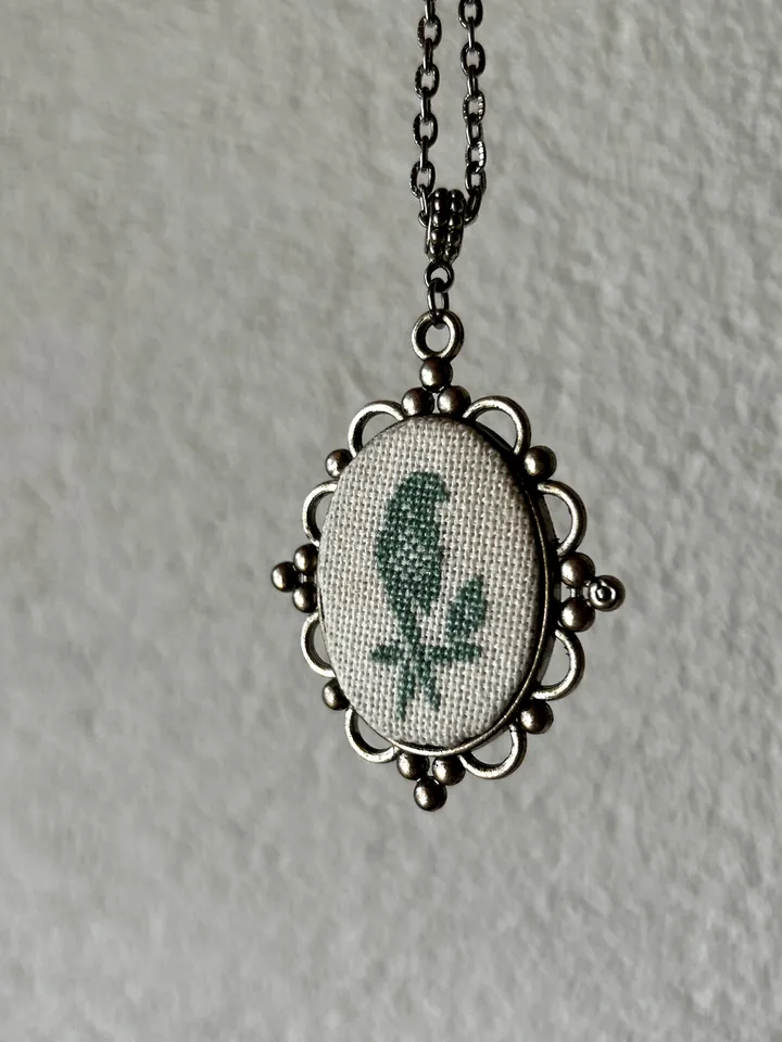 Bird embroidery pendant, bird embroidery, antique style pendant, petit point