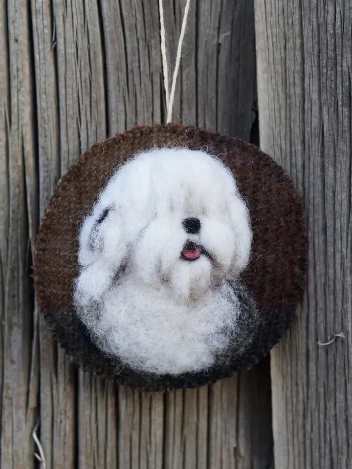 Old English sheepdog Christmas ornament, pet portrait, needle felted dog, made to order