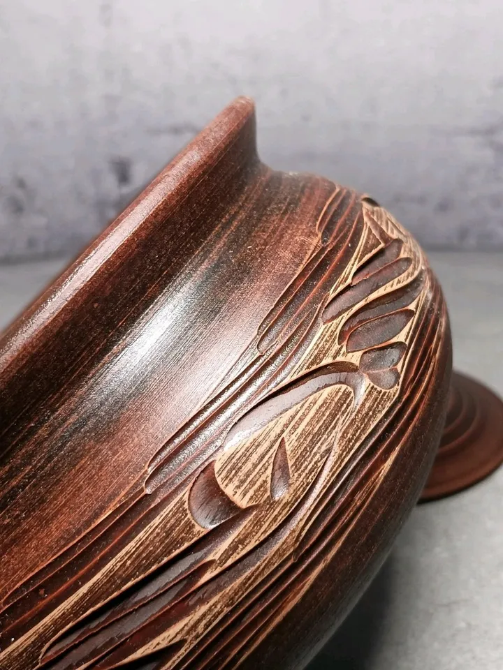 Pottery casserole. Handmade from red clay, carved pattern. Eco-friendly product