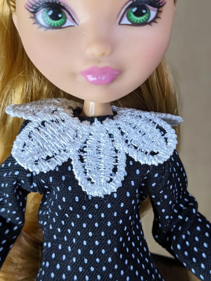 Handmade polka dot black mini dress for 10.5-inch female dolls (MH, EAH)