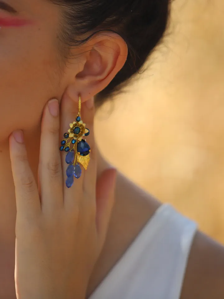 Gorgeous Blue Sapphire Gold Wedding Earrings Bracelet Jewelry Set , Floral Boho Bridal Earrings, Chandelier Statement Bohemian Earrings,