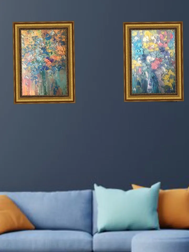 Original oil impasto style textured diptych, set of 2 impressionistic floral painting on canvas,oil painting wall art,unique gifts