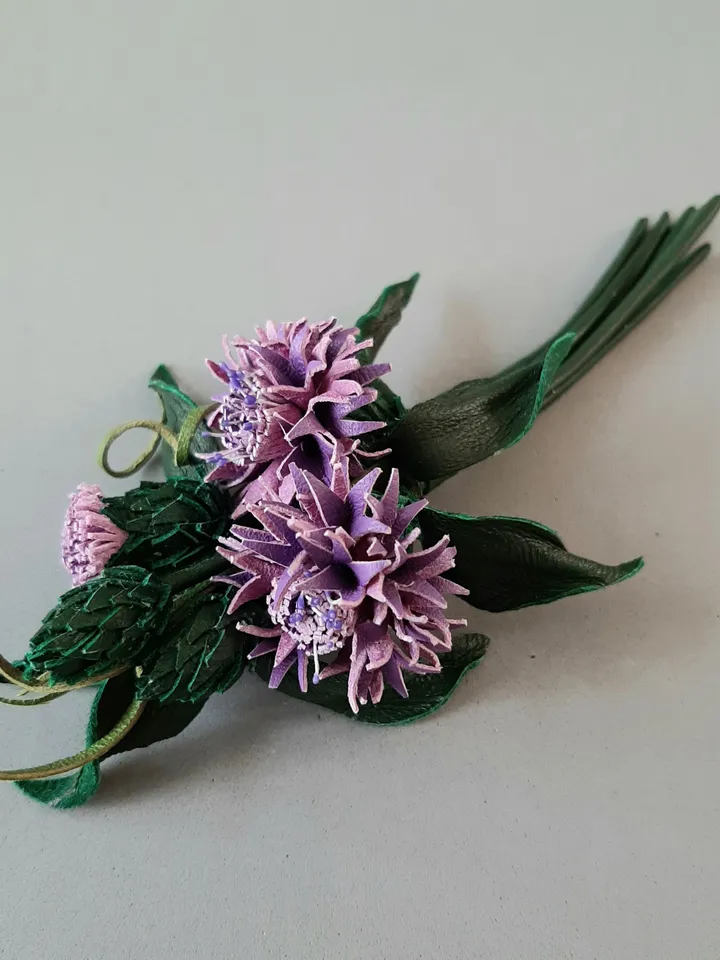 Lilac cornflower leather brooch for her, Leather jewelry, 3rd anniversary gift for wife