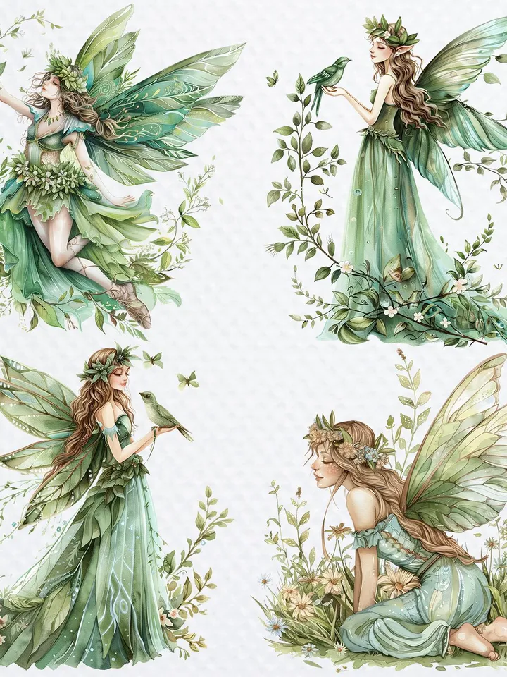 22 Forest Fairy PNG Bundle, Green Fairies Watercolor clipart for sublimation, High Quality PNGs, Digital download, Paper craft, junk journal