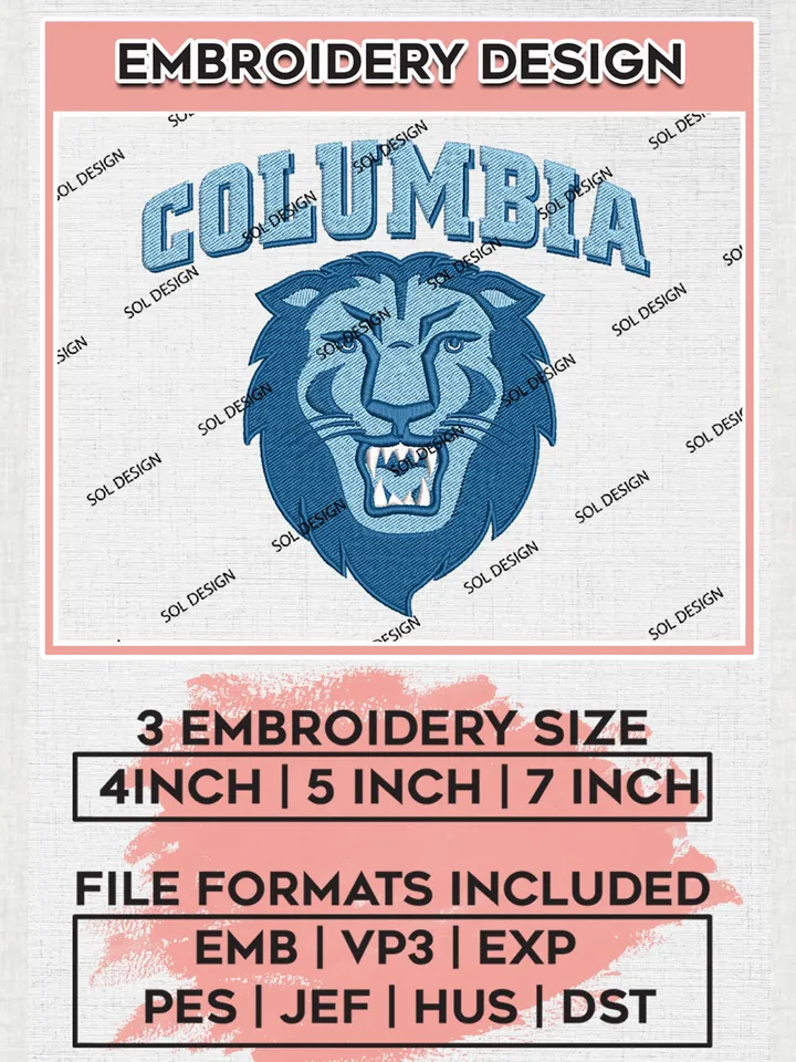 Columbia Lions Head Mascot Logo Machine Embroidery Design, NCAA Columbia Lions Embroidery Design Design files, NCAA Team Embroidery Designs, NCAA Machine Embroidery Designs, Digital Download