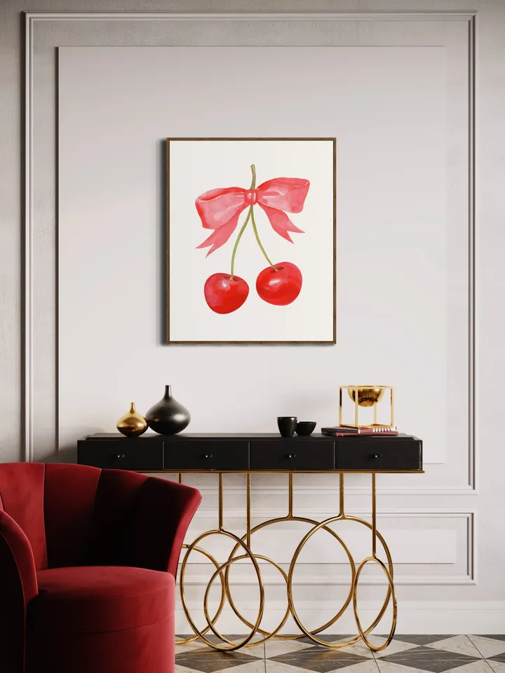 Cherry Bow Print Watercolor Painting, Vintage Cherry Art, Pink And Red Art, French Cherry Art, Girly Room Wall Art, Trendy Pink Art Print
