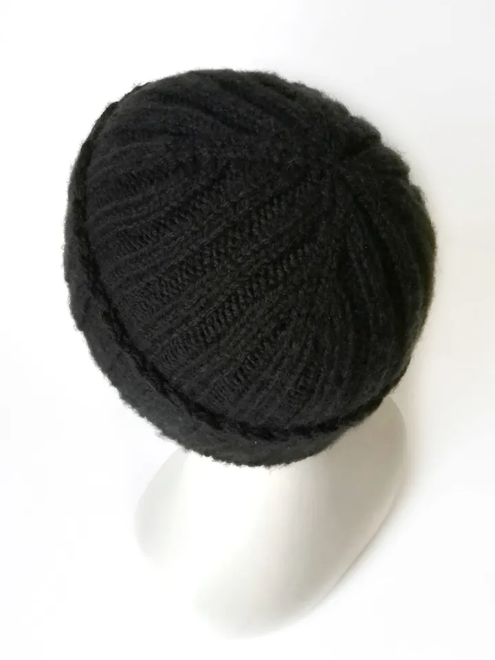 Handcrafted Black Men's Merino Wool Ribbed Beanie: Exceptionally Warm Hand-Knitted Winter Hat in Luxurious Soft Yarn. FREE SHIPPING!