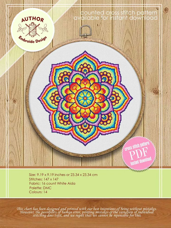 Bright mandala cross stitch pattern download PDF Colorful flower mandala ornament cross stitch chart, Mandala pattern digital PDF #M13