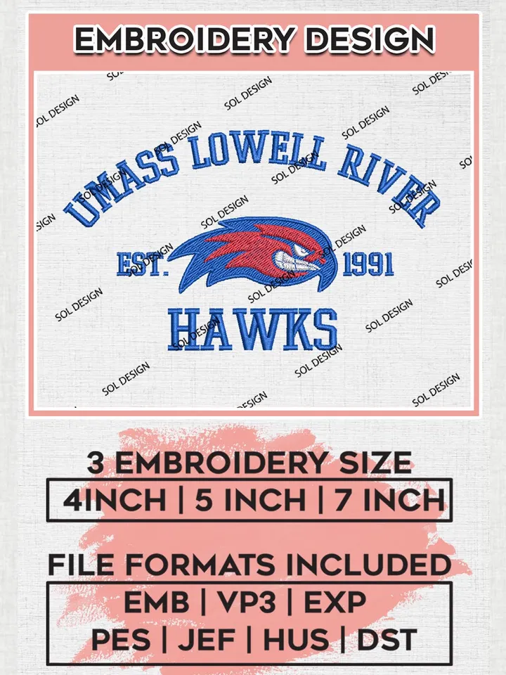 UMass Lowell River Hawks Est 1991 Logo Embroidery Designs, NCAA UMass Lowell River Hawks Team Embroidery, NCAA Team Logo, 3 sizes, Machine embroidery Files, Digital Download