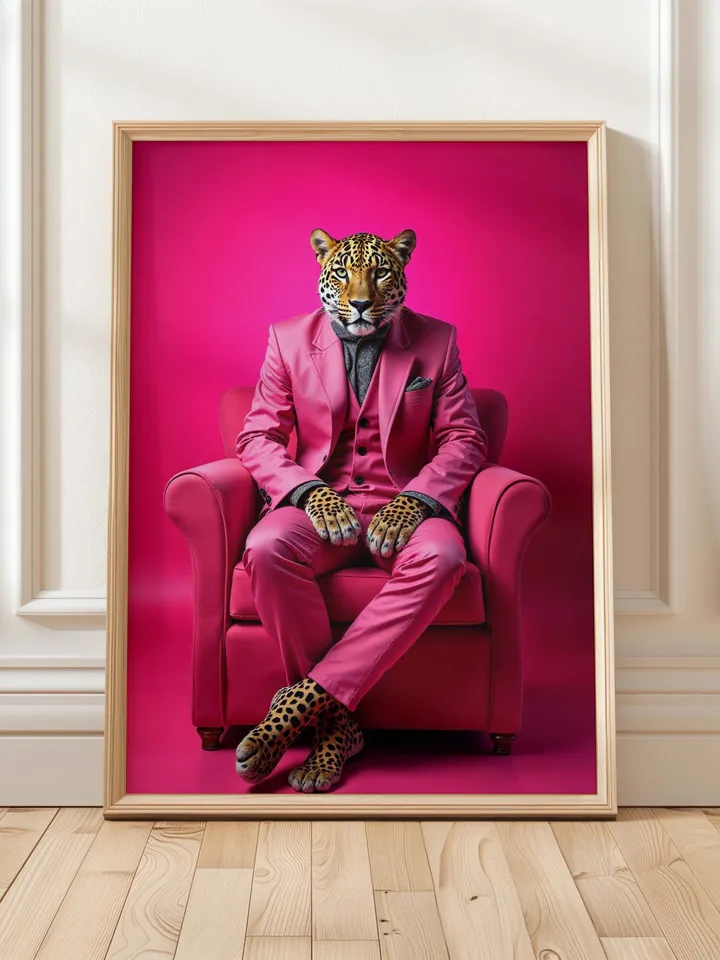 Cheetah Wall Art Leopard Print Pink Suit Animal Portrait Digital Poster Bold Contemporary Decor Maximalist Style Art Download
