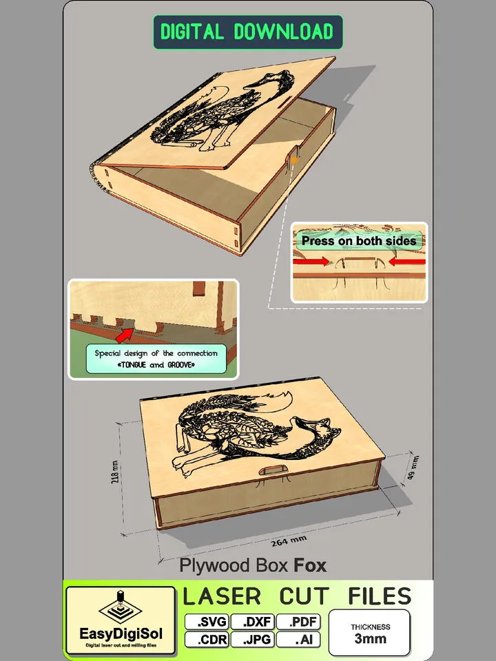 Wooden Box Fox Laser Cutting File for DIY Projects