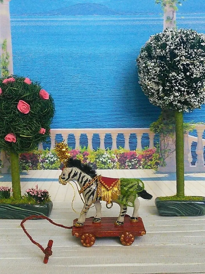 Zebra on Wheels.Toy for a doll. Dollhouse miniature.1:12 scale.
