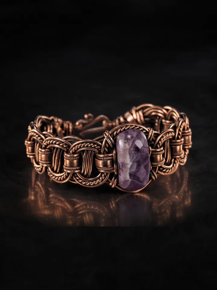 Copper wire wrapped bracelet with amethyst for lady Antique style WireWrapArt