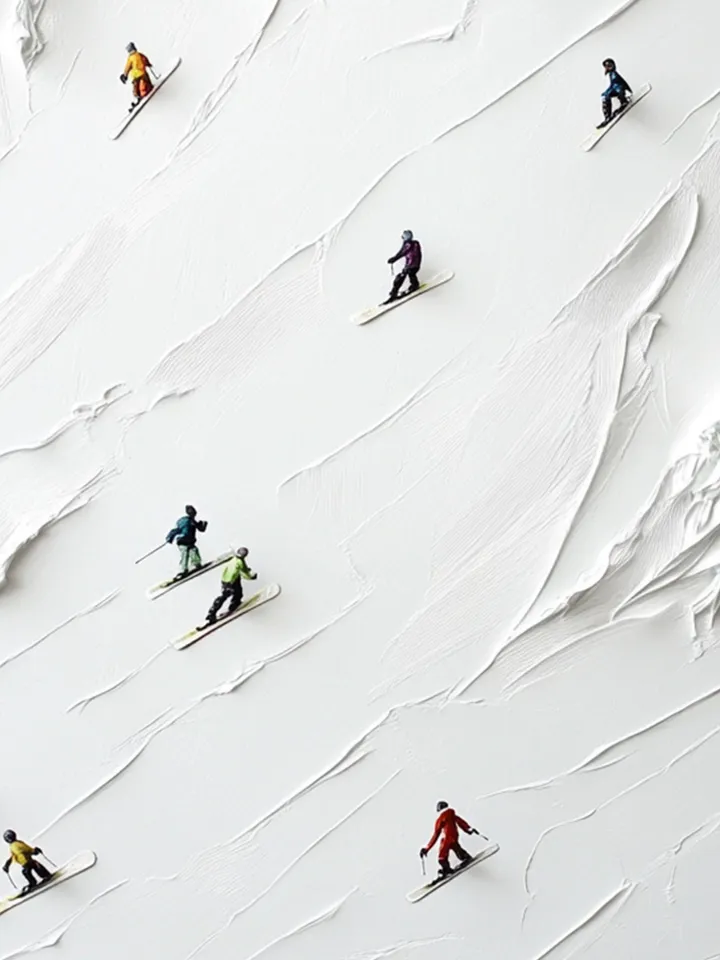 Skiers on the Slopes, 3D Impasto Winter Sports Art, Textured White Mountain Painting, Miniature Skiers Decor, Unique Gift for Ski Lovers