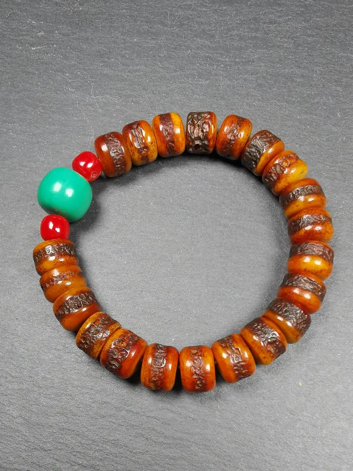 Gandhanra Handmade Tibetan Yak Bone Wrist Mala + Turquoise Bead Bracelet, Hand-carved Amulet Bracelet,for Meditation and Prayer
