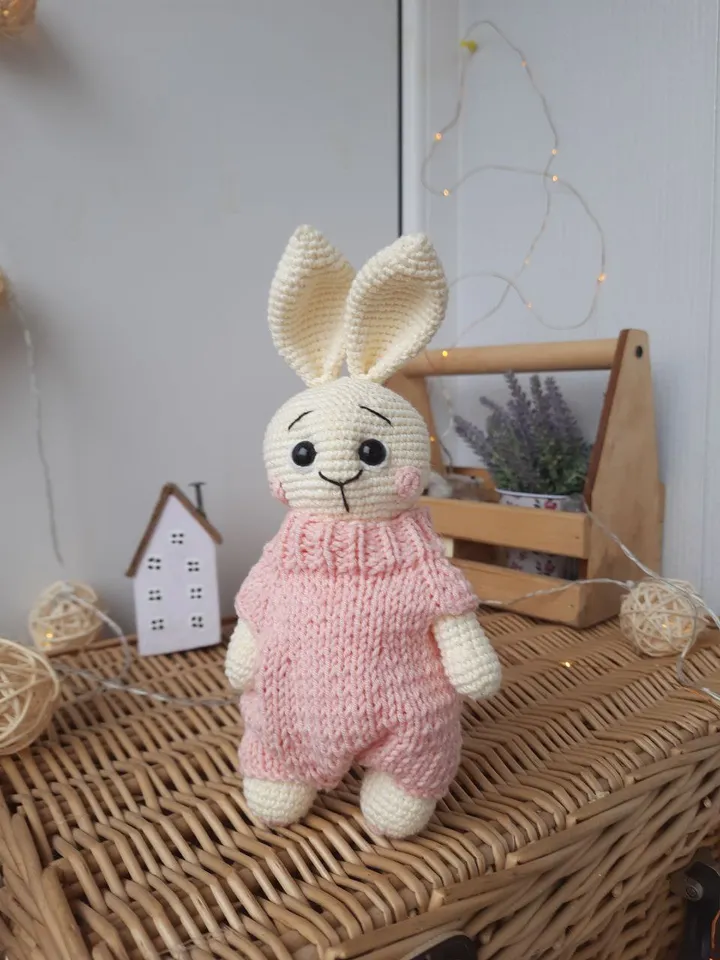 Stuffed bunny toy in pink clothes for nursery gift. Handmade Organic baby toys. Plush toys for baby