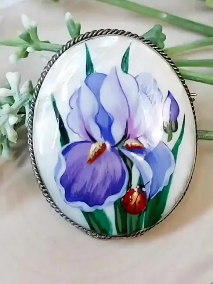 Nice "Iris" Hand Painted Russian Fedoskino Mother-Of-Pearl Brooch/Pin/Miniature hand-painted/Russian fine art jewelry/ Russia gift for woman