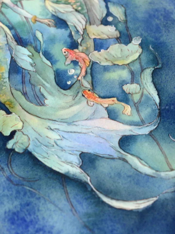 Fantasy art of red-haired twins, Two mermaid sisters