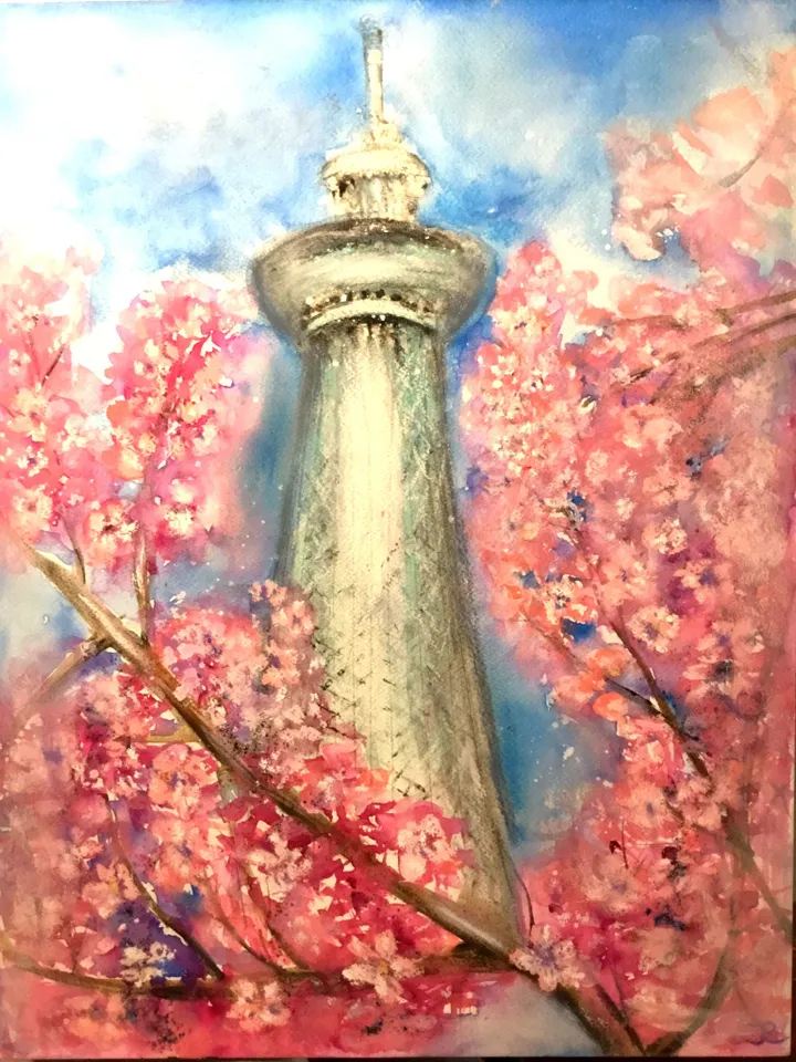 Japan painting,Tokio painting,original watercolour,pastel painting,sakura flowers wall art.