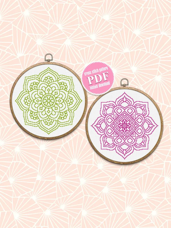 Mandala set cross stitch pattern download PDF, Monochrome mandala embroidery, Mandala digital PDF, Floral ornament cross stitch chart #S13