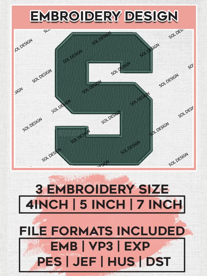 Michigan State Spartans Team Letter Logo Embroidery Design Files, NCAA Michigan State Spartans Machine Embroidery, NCAA Teams, 3 sizes, NCAA Machine embroidery designs, Digital Download