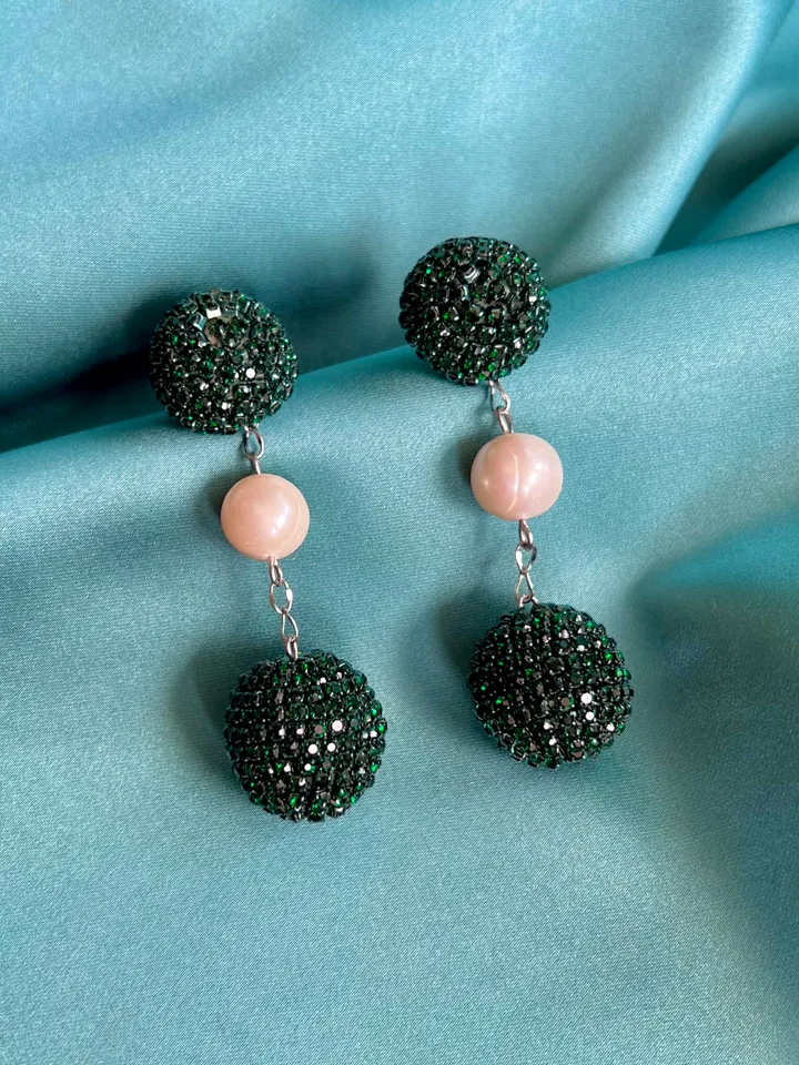 Crystal Balls and natural pearl on Chain Earrings