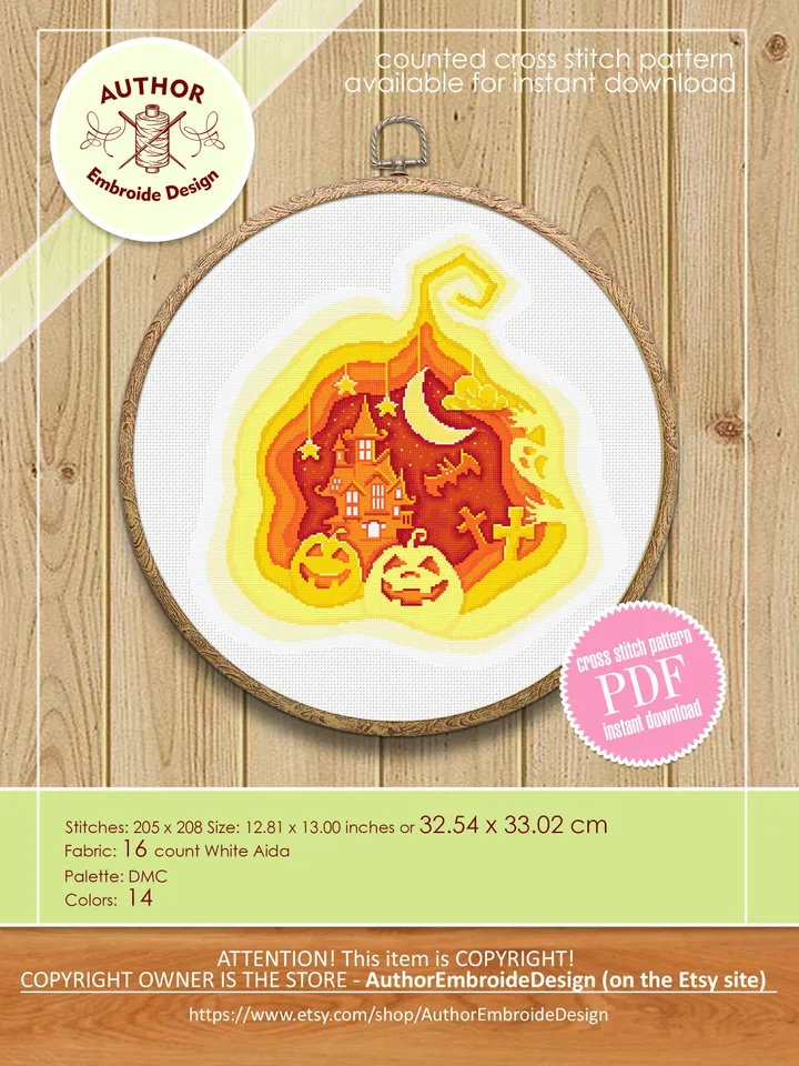 Halloween cross stitch pattern download PDF Spooky Halloween pattern digital PDF Halloween pumpkin cross stitch chart, 3d cross stitch #H34
