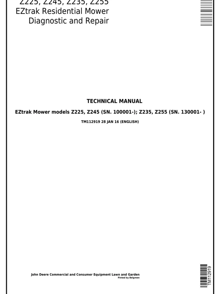 John Deere Z225 Z245 Z235 Z255 EZtrak Repair Service Technical Manual