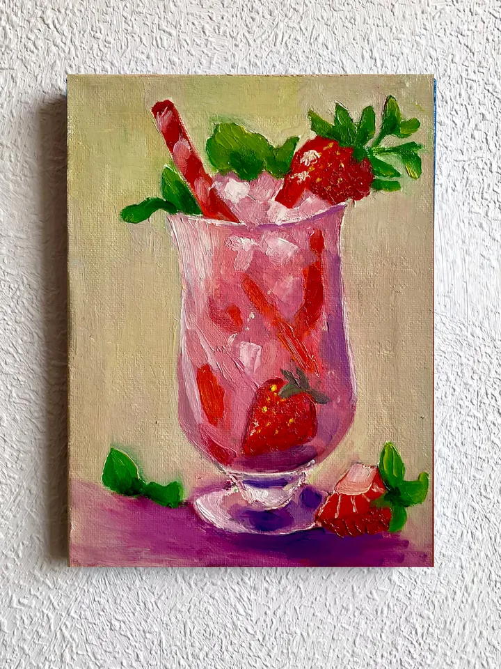 Strawberry Cocktail Oil Painting on Canvas Hand Painted Small Original Artwork, Drink art Still Life painting Perfect Bar and Kitchen Decor 8"x6"