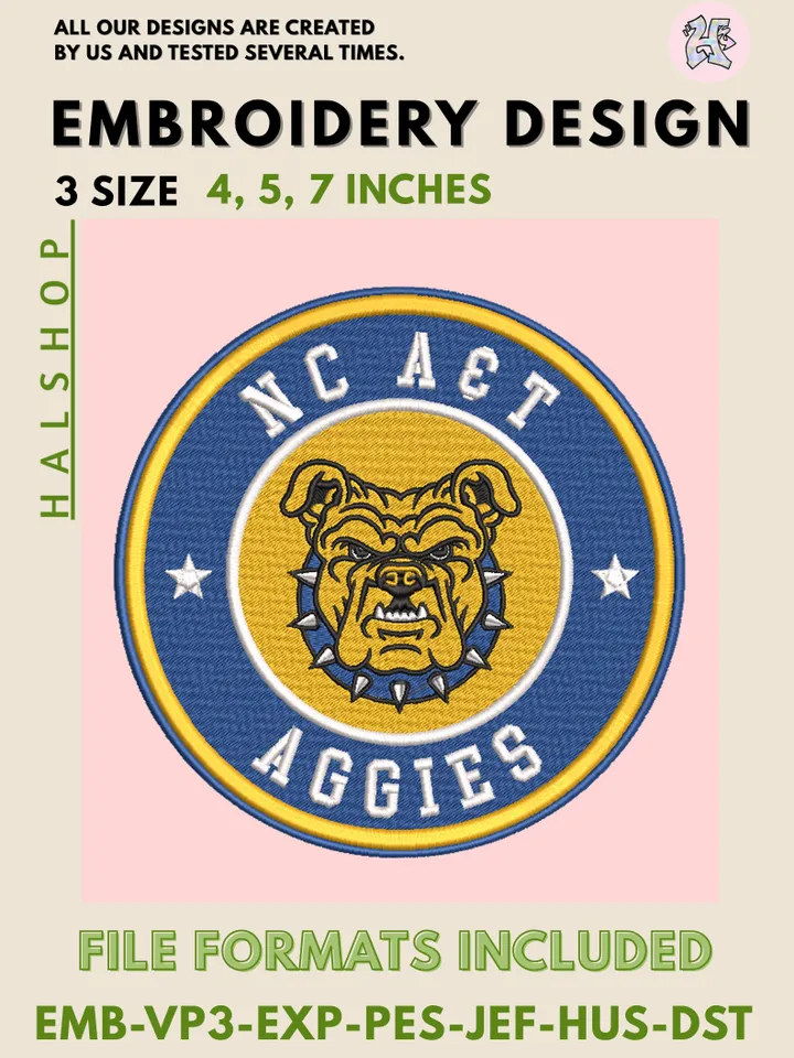 NCAA North Carolina A&T Aggies College Logo Embroidery Design – Official Team Pattern, Machine Embroidery Files, 3 Sizes, Instant Digital Download