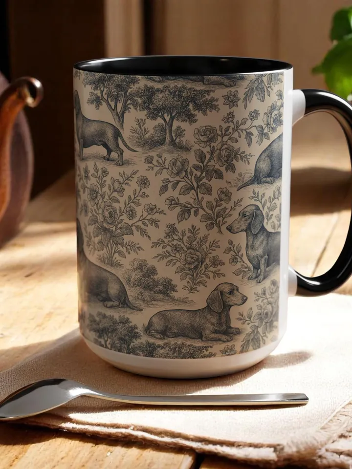 Dachshund French Toile de Jouy Ceramic Mug, Toile Coffee Cup for Doxie Mom, Sausage Dog Lover Gifts, Dog Tea Drinkware, Gift For Dog Lovers