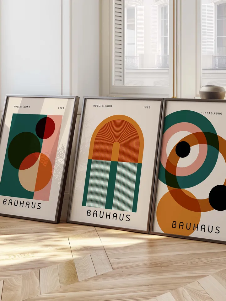 Bauhaus Set of 3 Prints, Vintage Mid Century Modern Posters, Retro Geometric Gallery Wall Set, Minimalist Trendy Wall Decor Digital Download