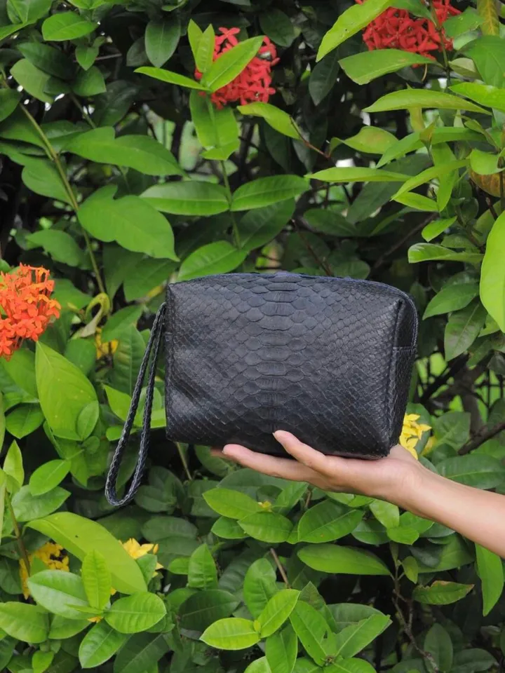 Genuine python skin blue cosmetic bag | travel kit bag | small leather purse | gift idea | small cosmetic unisex bag snakeskin handmade
