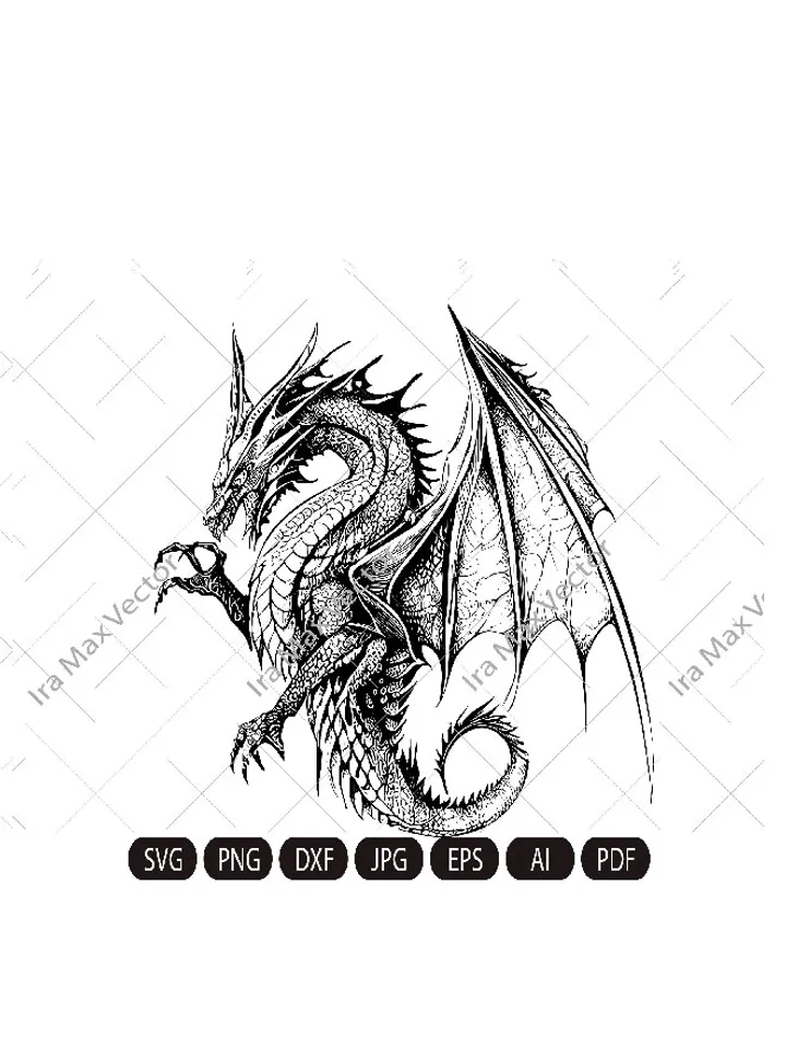 Dragon svg, Dragon detailed, Dragon flying, Dragon Vector, Chinese Dragon SVG, Fantasy Dragon SVG, Asian dragon Svg, Dragon Silhouette