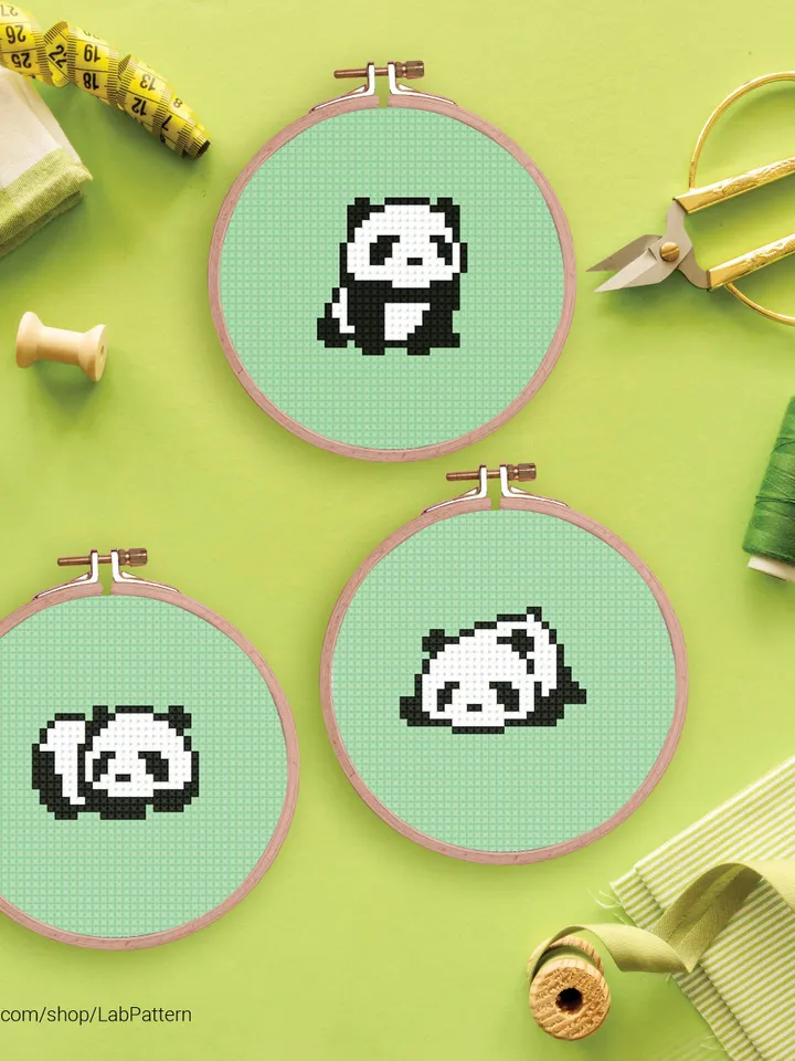 Bundle of 8 mini cute pandas Cross stitch patterns contemporary panda animals beginner counted modern chart gift DIY embroidery instant PDF